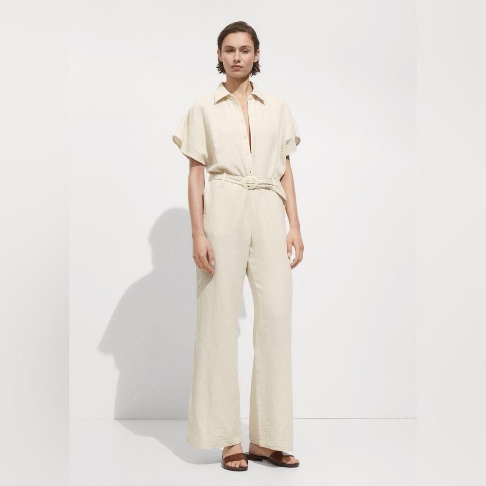 NWT Mango Jumpsuit with pockets, belted, 100% cotton, ecru beige, XL